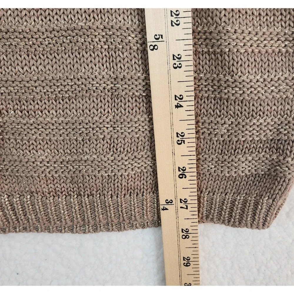 Chicos Women Sz 3 Knit Sweater Pullover Tan Gold Metallic Stripes Classic Career